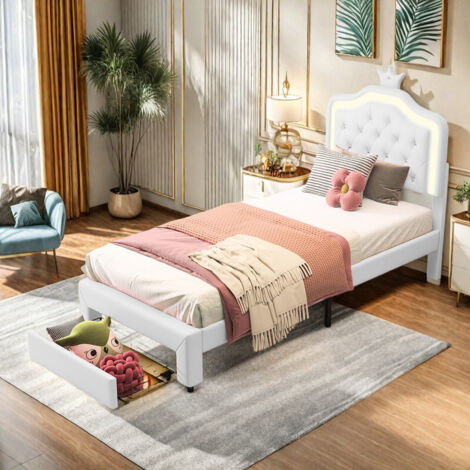 Lit enfant 90 x 200 avec sommier à lattes–Lit simple avec 1 tiroir–Lit princesse couronne avec éclairage LED–Tête de lit réglable en hauteur–PU–Blanc