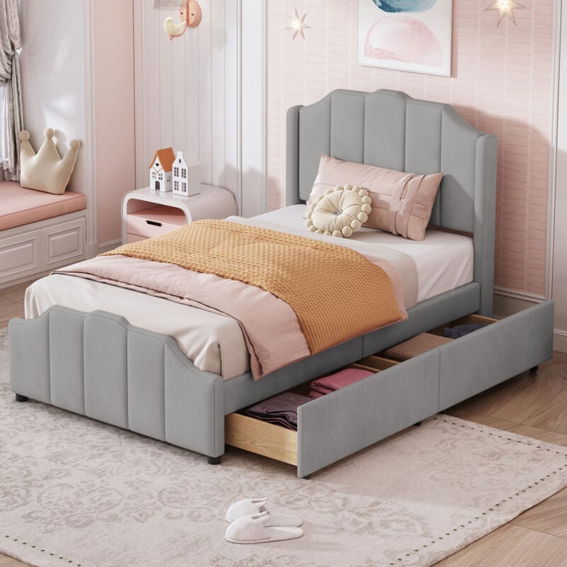 Hauss Spole - Lit enfant 90 x 200 cm, 2 tiroirs, lit simple capitonné, lit ado, velours, gris, sans matelas