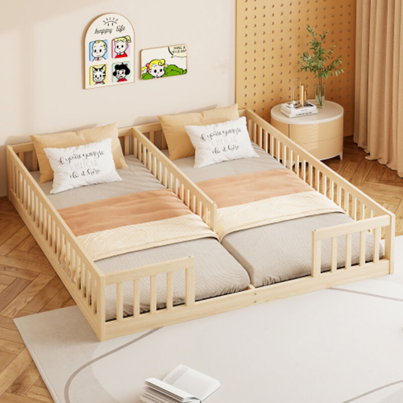 Lit enfant 90 x 200 cm - avec barrières de sécurité - avec sommier à lattes - en pin - naturel (matelas non inclus)