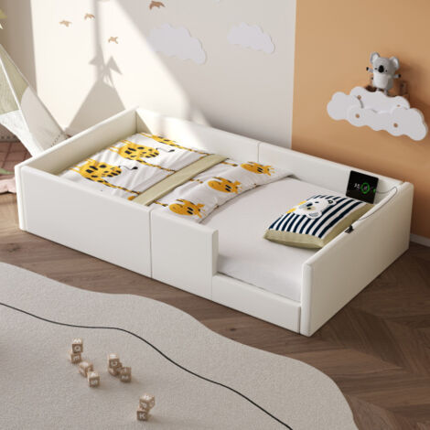 Lit enfant 90 x 200 cm, avec barrières de sécurité et station de recharge - Blanc - Sans matelas