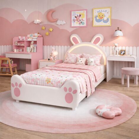 Lit enfant 90 x 200 cm avec LED - Lit Simple avec Oreilles de Lapin, tête de lit réglable, ,Sommier à Lattes, cadre de lit pour chambre de fille, cadre en métal stable, Blanc + Rose