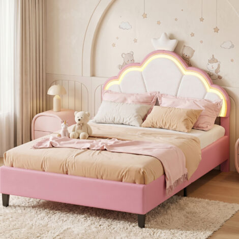 Lit enfant 90 x 200 cm avec LED, tête de lit couronne, structure de Lit princesse 90x200 cm, Lit fille, velours, rose