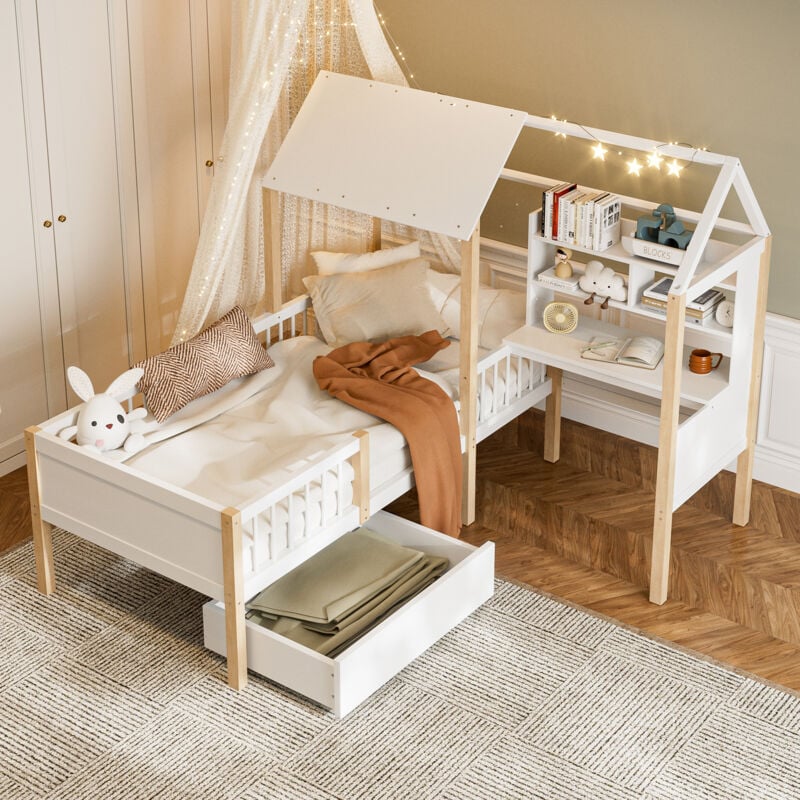 Okwish - Lit simple d'enfant 90x200 cm lit cabane avec protection antichute,sommier à lattes et tiroirs à roulettes, en bois massif, blanc