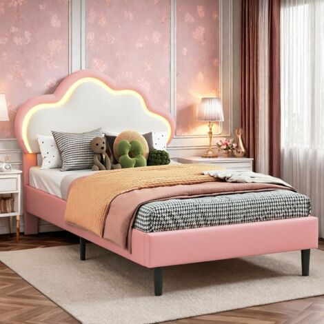 Lit enfant 90 x 200 cm avec sommier à lattes - Lit simple avec bande lumineuse LED réglable - PU - Rose + Blanc - Motif nuage - Tête de lit réglable en hauteur