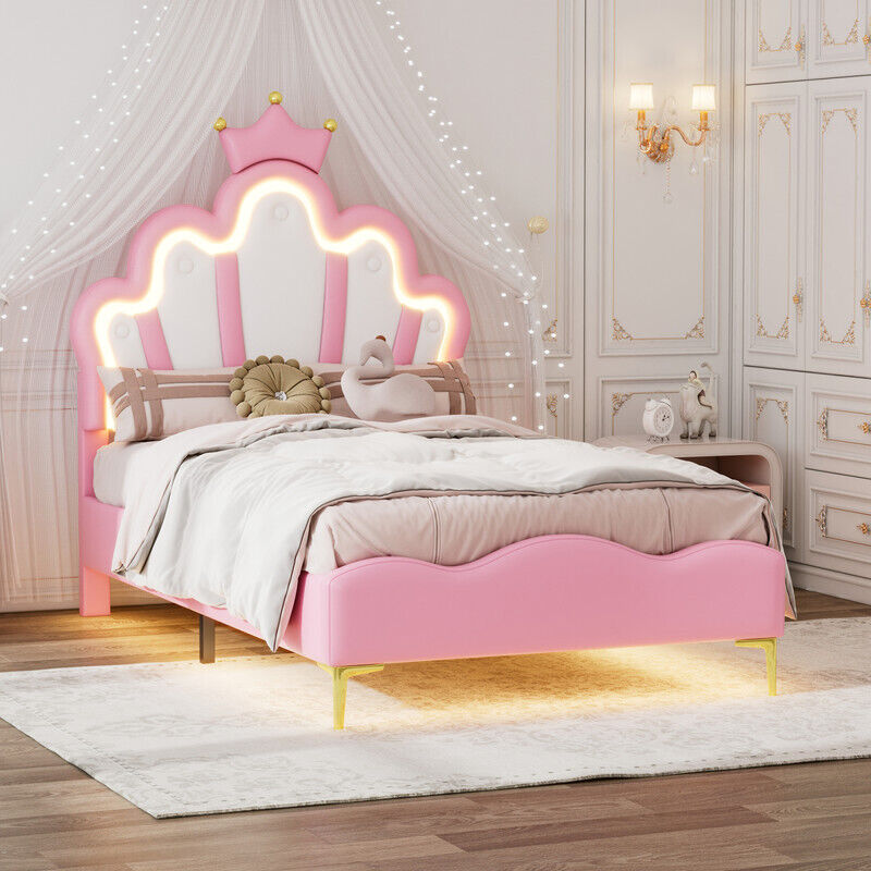 Lit enfant 90 x 200 cm avec sommier et LED, lit 1 place lit fille décoré de couronnes et pieds de lit en métal, adorable lit de princesse, cadre de