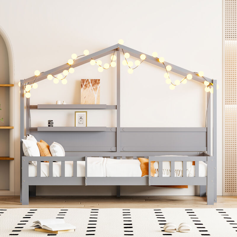 Lit enfant 90 x 200 cm, canapé-lit en bois massif, lit gris pour garçon et fille avec toit amusant et barrière de sécurité