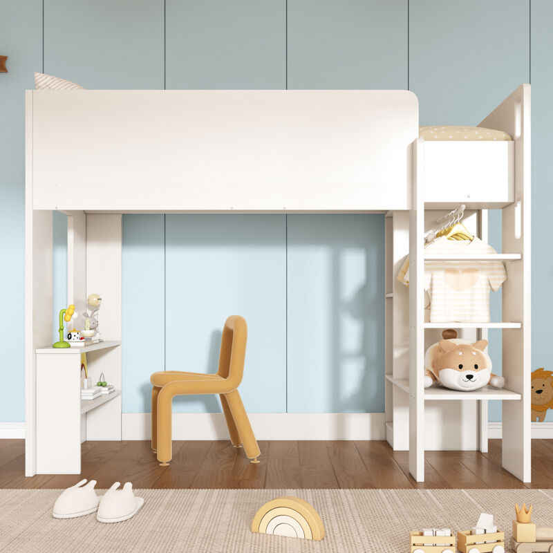 Hauss Spole - Lit enfant 90 x 200 cm, lit mezzanine, lit simple en bois avec rangements, armoire, étagères ouvertes, blanc