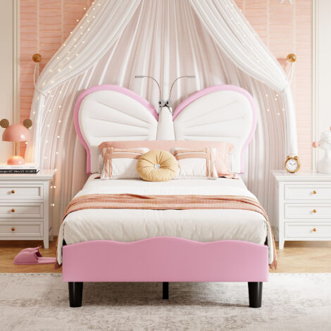 fortuna Lai Lit pour enfant 140 x 200 cm, lit simple/double, avec sommier à lattes avec dossier, lit pour adolescentes, filles, adultes, adolescents et enfants, cuir synthétique, beige
