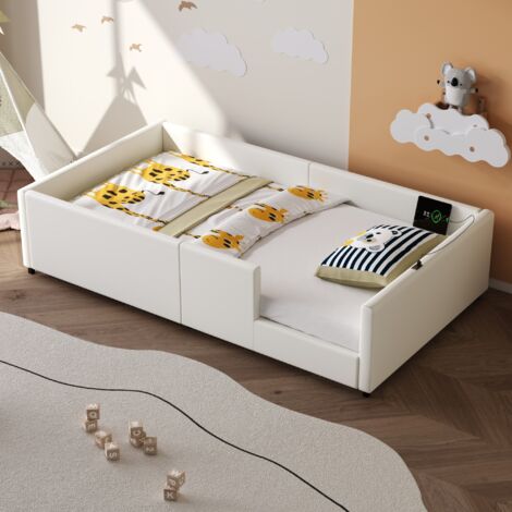 Lit enfant 90 x 200 cm - plateforme capitonnée avec garde-corps et station de charge USB/Type-C, MDF/PU, blanc