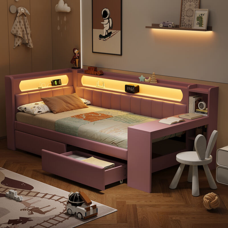 Lit enfant 90 x 200 -Lit banquette avec LED (7 couleurs) et ports USB, bureau intégré, 2 tiroirs, tissu lin rose