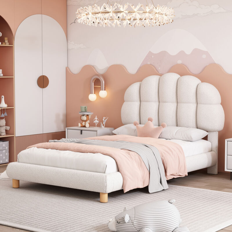 Sunfecili - Lit enfant 90 x 200, lit simple, lit d'adolescent, lit rembourré, sommier à lattes en bois, polaire circulaire, blanc -