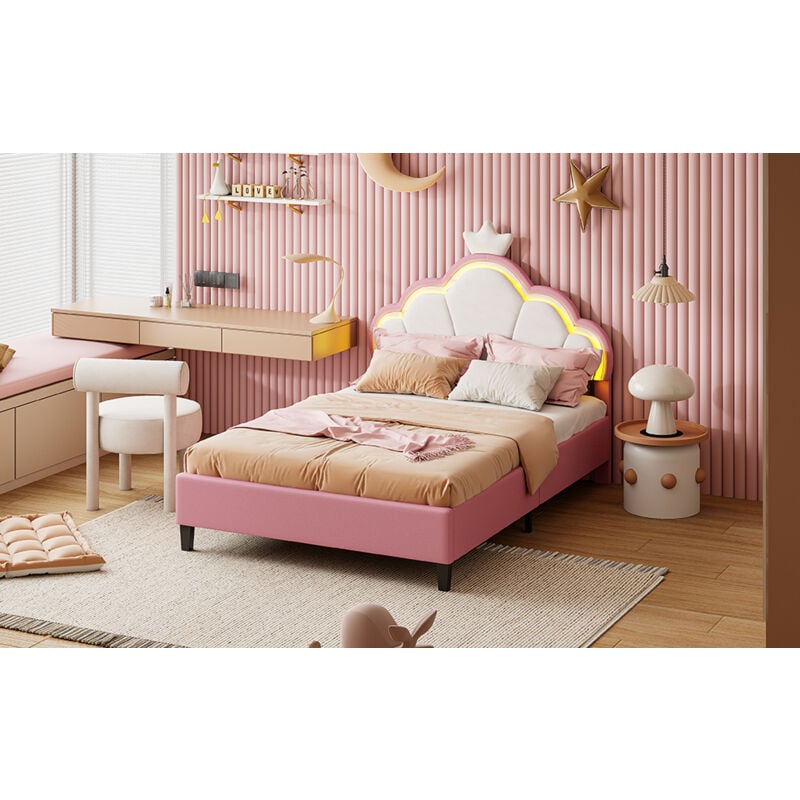 Sunfecili - Lit enfant 90 x 200,Lit fille,Lit Crown,Lit LED,Capitonnage velours rose doux ,Tête de lit et led réglables,Rose
