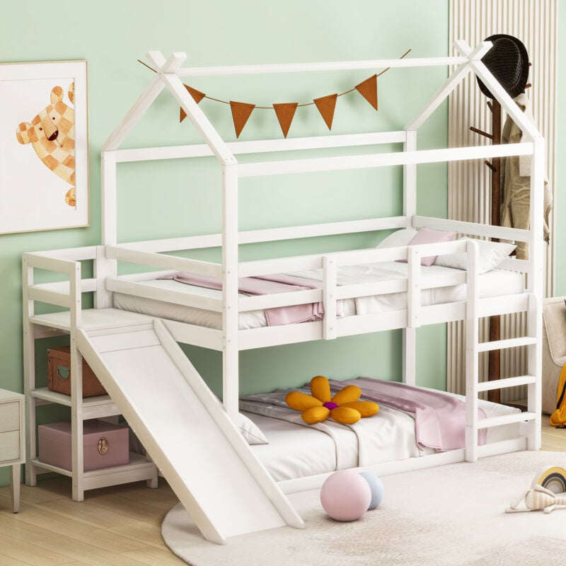 Lit enfant 90200 cm, lit superposé bas, lit mezzanine avec toboggan et rangement, lit superposé en bois massif avec sommier à lattes, blanc