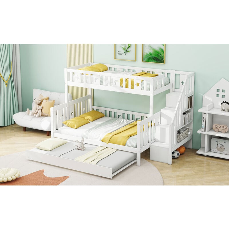 Lit enfant 90200/140200cm, Lit Superposé en Bois Massif Avec Escalier de Sécurité, Lit Gigogne Et Sommier à Lattes, Blanc OKWISH