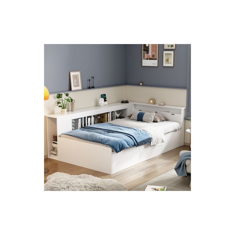 Lit enfant 90 x 200 cm, lit simple avec tiroirs, armoire de rangement et espace de rangement, blanc, sans matelas