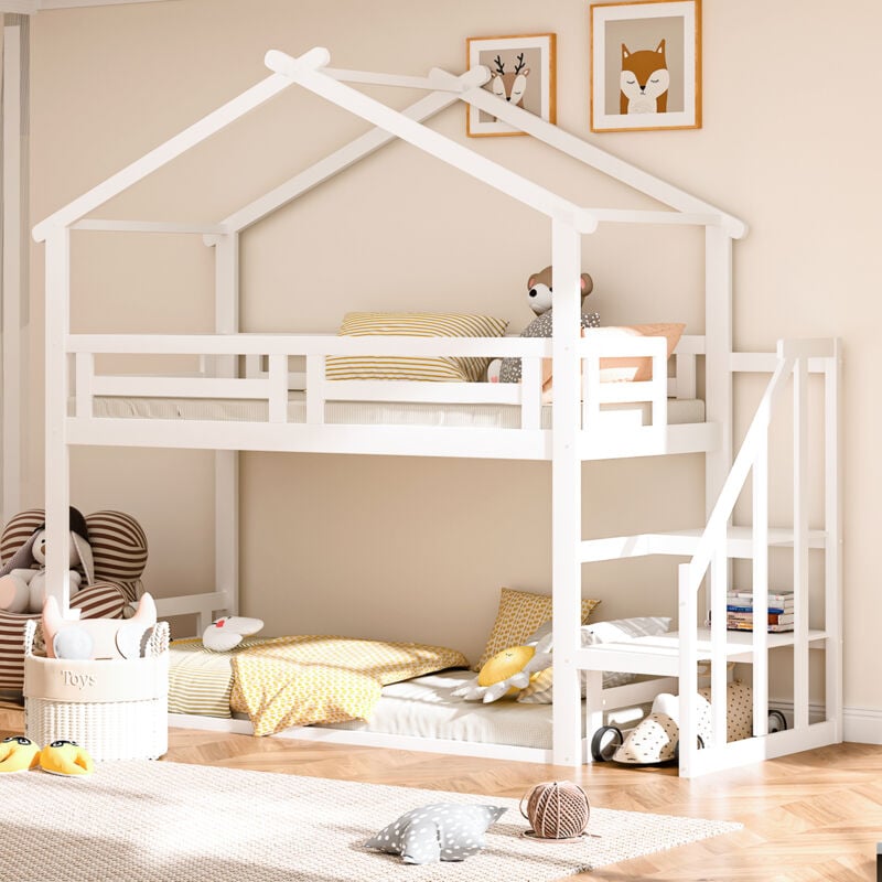 Okwish - Lit enfant 90200cm, lit superposé bas avec escalier de sécurité, cadre de lit superposé en bois massif avec sommier à lattes, blanc