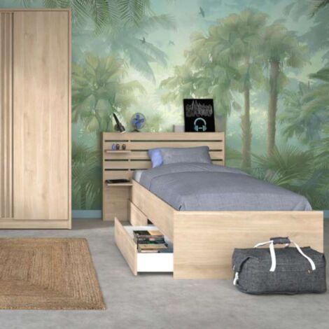 Lit enfant 90x190/200 chevet et tiroirs inclus bois naturel CLEM - CLEM