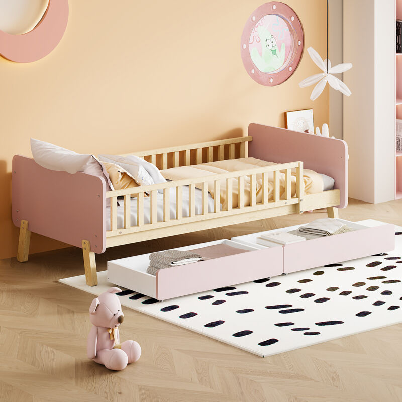 Okwish - Lit enfant lit simple rose 90x190 cm avec 2 tiroirs en bois massif avec sommier à lattes