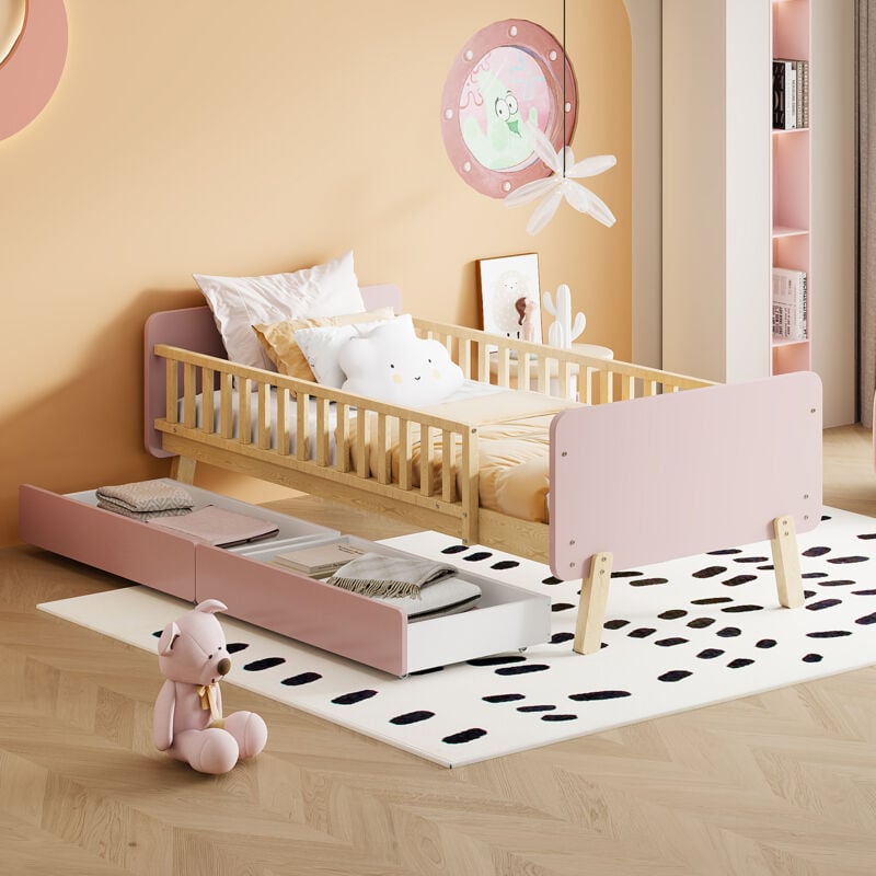 Redom - Lit enfant simple, avec 2 tiroirs, sommier à lattes, 90x190cm, en bois, rose