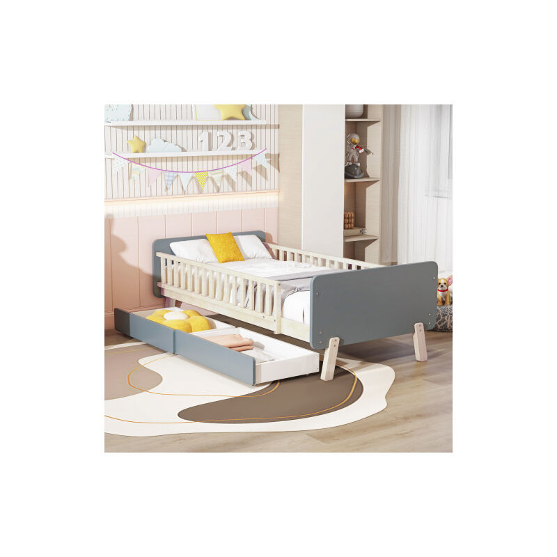 Okwish - Lit enfant 90x190 cm, lit simple avec 2 tiroirs et sommier à lattes, en bois massif, gris, sans matelas