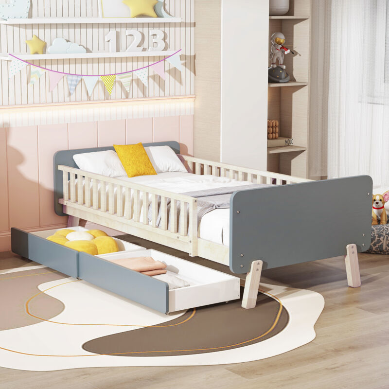 Redom - Lit enfant 90x190 avec 2 tiroirs, lit simple en bois massif avec sommier à lattes, gris