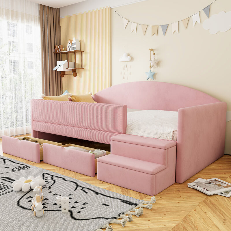 Lit enfant 90x190 cm avec 2 tiroirs, barrières rembourrées et marches antidérapantes, velours rose