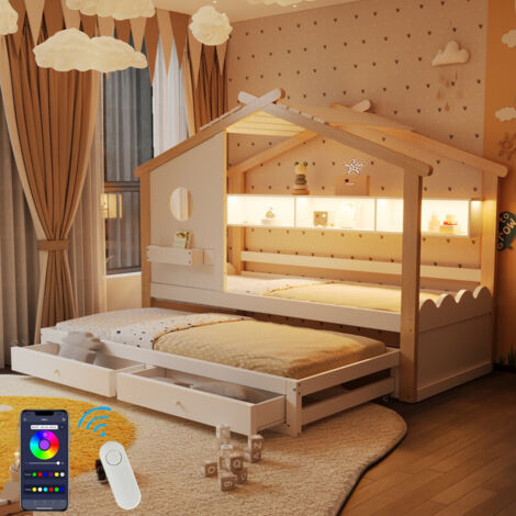 Lit enfant 90x190 cm avec Lit extractible, LED et prises USB-C, Lit Coffre avec étagères et 2 tiroirs, lit gigogne 90x190 inclus – bois brut