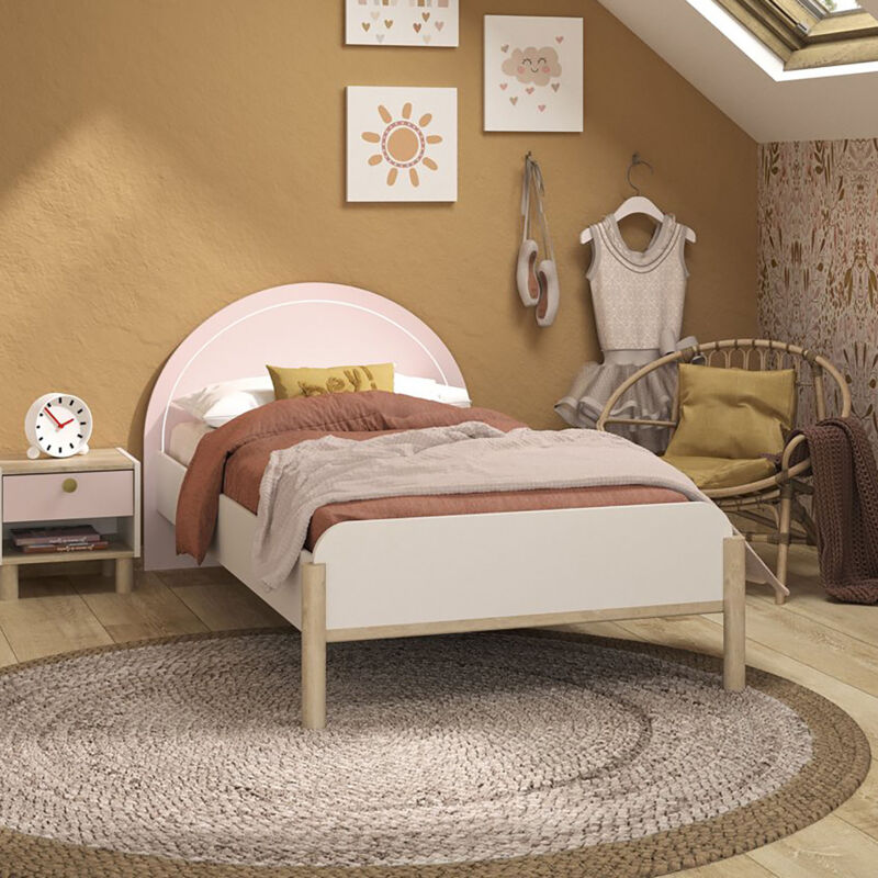 Lit enfant 90x190 cm décor rose, blanc et chêne - KAI