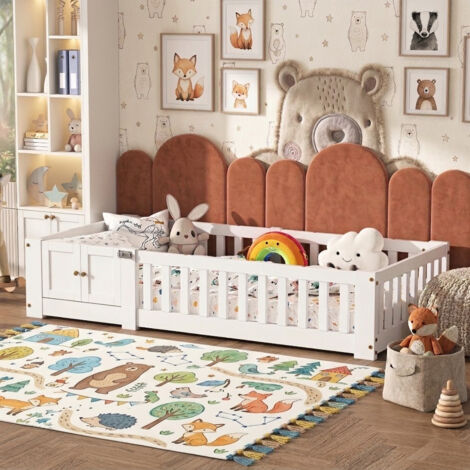 Lit enfant 90x190 cm, lit simple bébé avec barrière de sécurité et sommier à lattes, cadre de lits enfant en bois massif de pin pour enfants et bébés, sans matelas, blanc