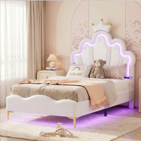 Lit enfant 90x190 cm,Lit fille avec LED,Lit de princesse en forme de couronne,lit simple avec sommier à lattes,PU,Blanc