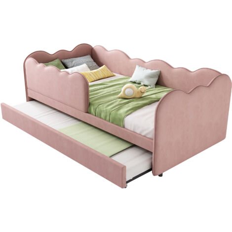 Lit enfant - 90x190cm,  avec lit gigogne 90x190cm - Velours - Rose