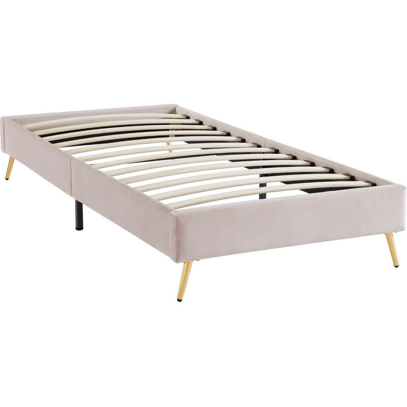 Homifab - Lit enfant 90x190cm en velours rose poudré et piètement doré, sommier à lattes - Johan - Rose