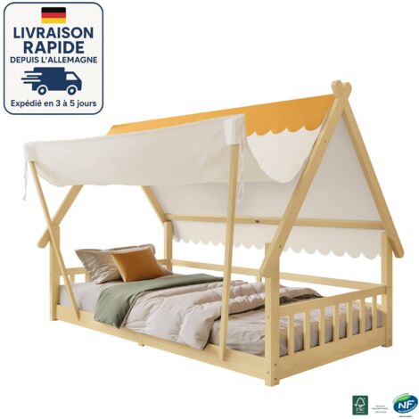 Lit enfant 90x190cm - Lit cabane enfant - Tente amovible, sommier à lattes stable avec rails de sécurité - Bois Certifié PEFC - Pin + contreplaqué - couleur naturelle