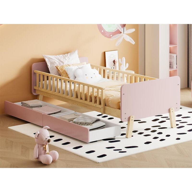 Modernluxe - Lit enfant 90x190cm avec 2 tiroirs - lit simple en bois massif avec sommier à lattes - Rose