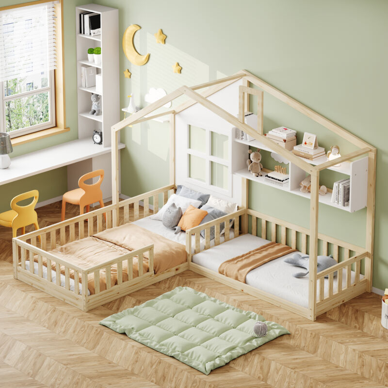Okwish - Lit double d' enfant 90x200 cm/140x70 cm en forme de maison, avec étagères et grille de sécurité et sommier à lattes, couleur bois