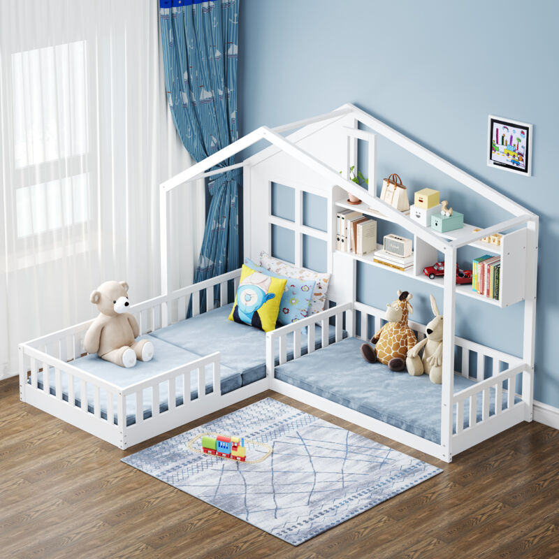 Hauss Spole - Lit enfant 90x200 cm + 140x70 cm, lit cabane, avec étagère de rangement, grille de sécurité, sans matelas, blanc