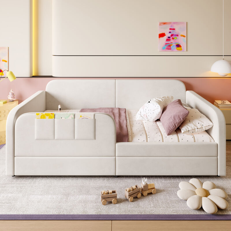 Lit enfant 90x200 cm avec 2 tiroirs à roulettes, 3 petites poches, en velours, sans matelas, blanc