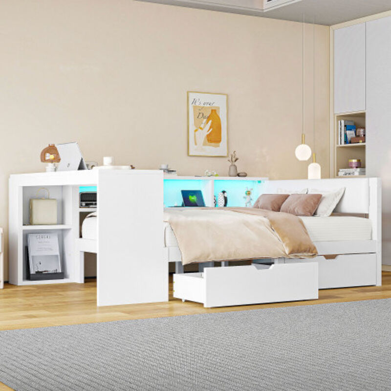 Lit adulte 140x200 cm avec 2 tiroirs, étagères de rangement, prise électrique, tête de lit capitonnée, éclairage LED, sans matelas, blanc