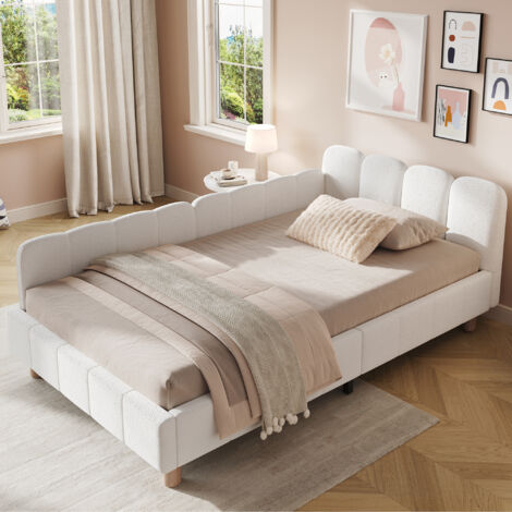 Lit enfant 90x200 cm avec accoudoirs modulables et poches de rangement, tête de lit bouclée beige, bois