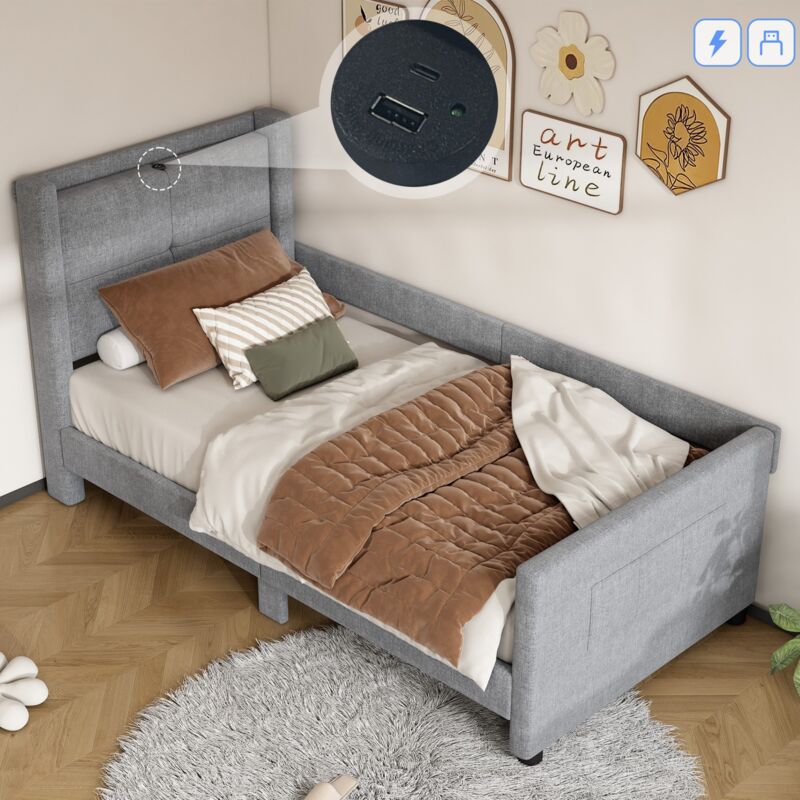 Eifson - Lit enfant 90x200 cm, avec chargement usb, dossier rembourré, design minimaliste, sommier à lattes, adapté aux enfants et adolescents - Gris