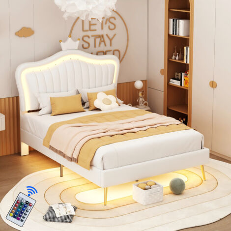 Lit enfant 90x200 cm avec LED intégrées, sommier à lattes et dossier inclus, cadre de litchambre de fille, matelas non inclus, Blanc - BATDTECH