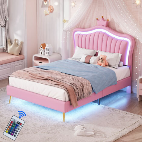 Lit enfant 90x200 cm avec LED intégrées, sommier à lattes et dossier inclus, cadre de litchambre de fille, matelas non inclus, Rose - BATDTECH