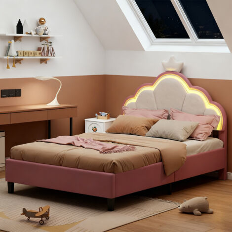 Lit enfant  90x200 cm avec LED - Lit rembourré fille avec tête de lit réglable - Lit d'enfant design princesse motif couronne - Sommier à lattes en bois - 1 personne - Velours - rose