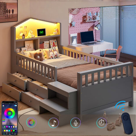 Lit enfant 90x200 cm avec LED, USB + Type-C, Lit Coffre avec4 tiroirs, marches et lattes incluses,  Lit Enfant bois massif avec barrières– Gris