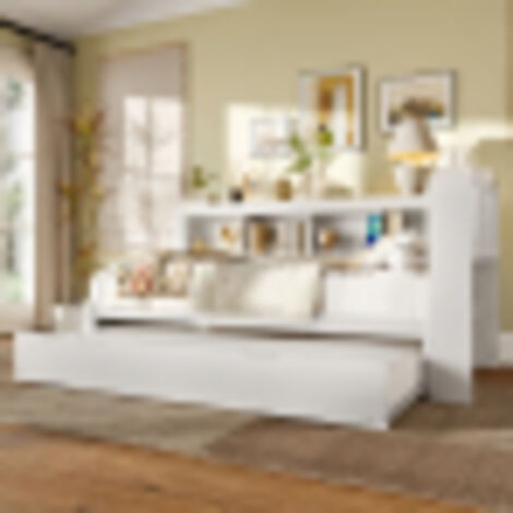 Lit enfant 90x200 cm avec lit gigogne 90x190 cm, prise électrique et 2 ports USB, sommier à lattes, sans matelas, blanc