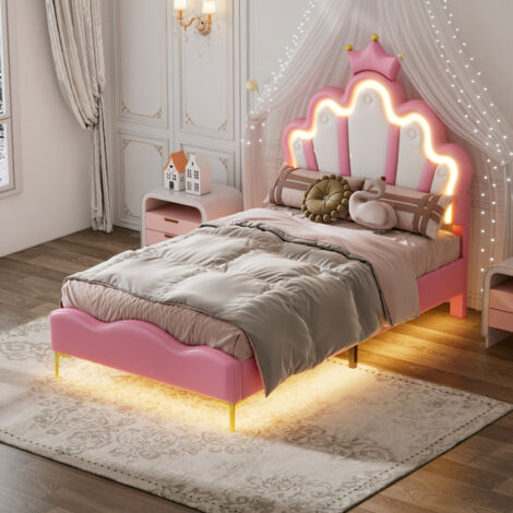 Lit enfant, 90x200 cm, avec lumière LED, lit princesse, lit couronne, lit fille/lit enfant/lit simple, lit plat, matériau PU, rose (sans matelas)