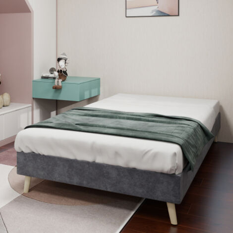 Lit enfant 90x200 cm – Cadre de lit avec sommier à lattes bas – En velours gris – Sans tête de lit, sans matelas