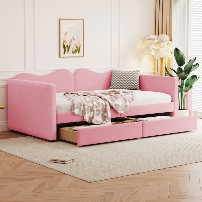 Lit enfant 90x200 cm, Canapé-lit, lit simple, 2 tiroirs, Teddy velours, sans matelas, rose