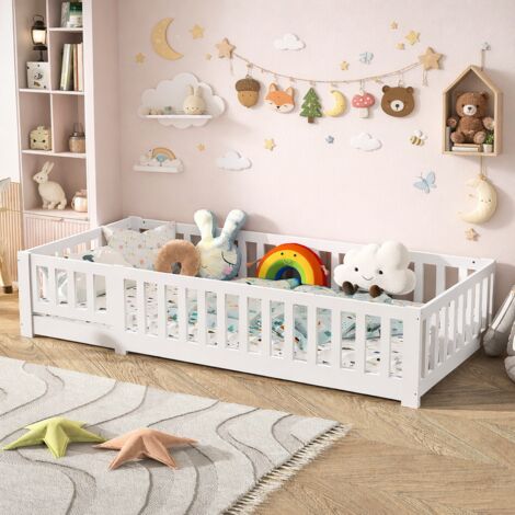 Lit enfant 90x200 cm - lit au sol enfant en bois naturel avec barrière et sommier - charge jusqu'à 230 kg - lits montessori pour garçons et filles, blanc