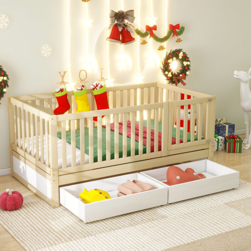 Lit enfant 90x200 cm, lit bébé, cadre de lit en bois avec barrière, transformable en deux lits séparés, naturel et blanc